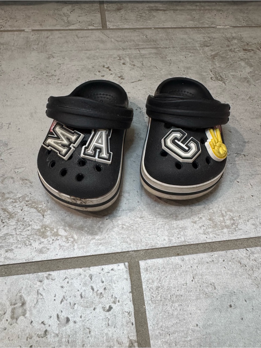 CROCS Black Kids Clogs with Letter and Yellow Charm